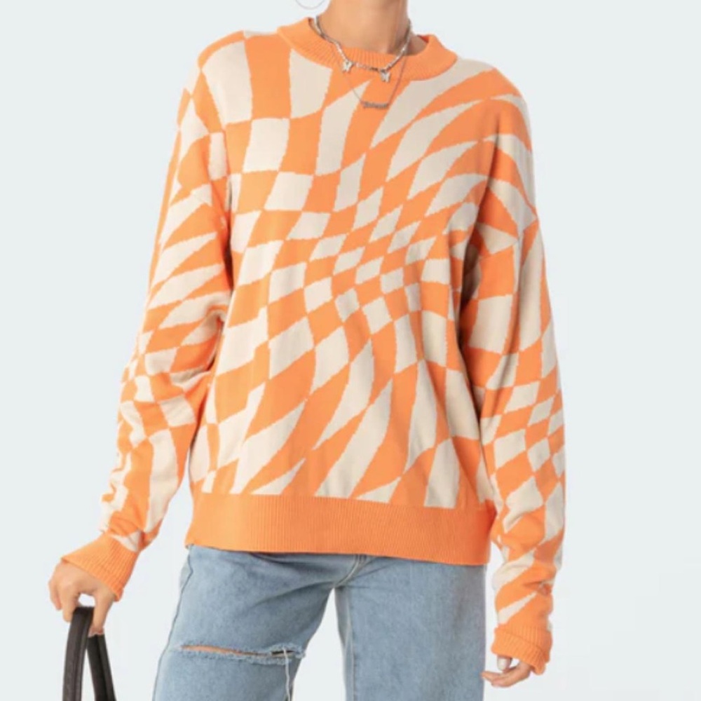 Edikted Orange Oversized Checkered Sweater Size S/XS NWT